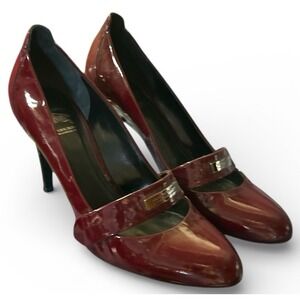 Burberry Mary Jane Heels Burgundy Patent Leather Italy Logo Strap Size 37 / 7